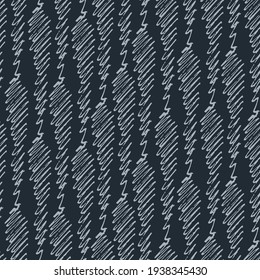 Seamless monochrome oscillogram-like pattern with curved lines on black background