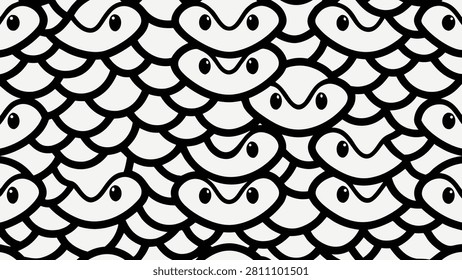 Seamless monochrome pattern with abstract eyes or snake scales; bold black outlines on a white background creating an intriguing design.
