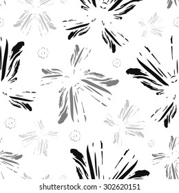 Seamless monochrome pattern with abstract flowers and butterflies on white background