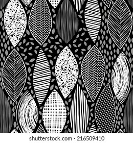 Seamless monochrome pattern with  abstract leaves on a black background.