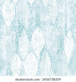 Seamless monochrome pattern with  abstract leaves on a blue watercolor. Art floral background. Perfect for design templates, wallpaper, wrapping, fabric and textile, print.