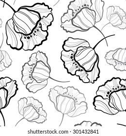 Seamless monochrome pattern with abstract poppy flowers