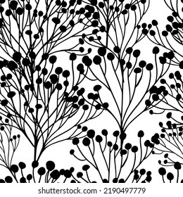 Seamless monochrome pattern of abstract sprigs with berries. Vector illustration. Vector botanical design for textile, wrapping paper, branding