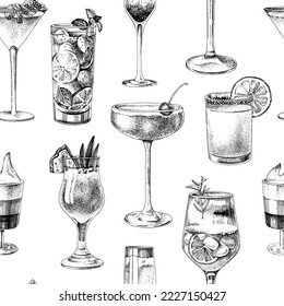 Seamless monochrome pattern with alcohol cocktails