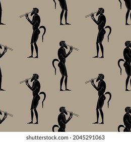 Seamless monochrome pattern with ancient Greek satyrs playing flute. Vase painting ethnic style. Black silhouettes on gray background.