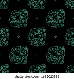 Seamless monochrome pattern with ancient Mayan motifs. Native American art of Mexican Indians. Sacred jaguar head as hieroglyph. Hand drawn rough sketches.