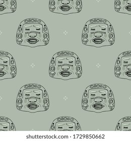 Seamless monochrome pattern with ancient Olmec jade masks. Pre Columbian Native American art. 