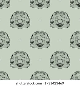 Seamless monochrome pattern with ancient Olmec jade masks. Pre Columbian Native American art. 