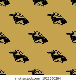 Seamless monochrome pattern with antlered elks or deer. Scythian or Permian animal style.