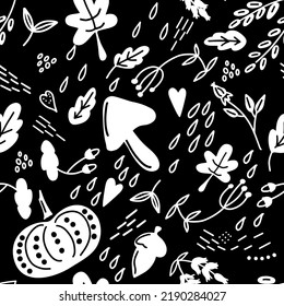 Seamless monochrome pattern with autumn leaves, mushroom and pumpkin. Autumn natural elements.