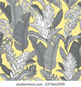 Fondo de patrón monocromo sin foco, con flor de jengibre rojo exótico, alpinia purpurata a mano y plantas tropicales. Ilustración del vector