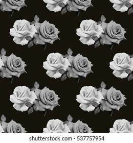 Seamless monochrome pattern with beautiful roses on black background. Vector illustration.