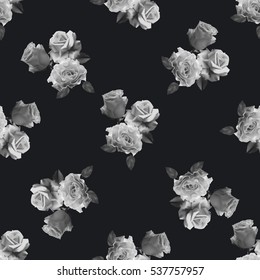 Seamless monochrome pattern with beautiful roses on black background. Vector illustration.