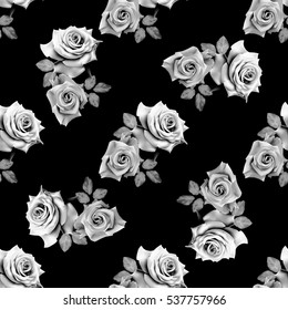 Seamless monochrome pattern with beautiful roses on black background. Vector illustration.