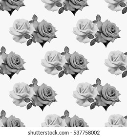 Seamless monochrome pattern with beautiful roses on white background. Vector illustration.