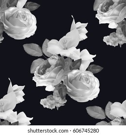 Seamless monochrome pattern with beautiful roses, gladiolus and  phloxes on black background. Vector illustration.