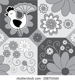 Seamless monochrome pattern with bird and flowers, vector background