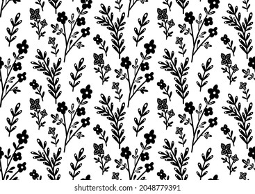 Seamless monochrome pattern with black flowers and branches on a white background. Silhouettes of stems with flowers and foliage. Vector floral texture with print of sakura