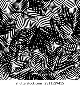 Seamless monochrome pattern black graphic tree leaves. Vector illustration