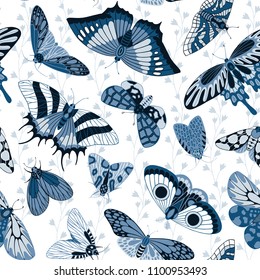 Seamless monochrome pattern with  blue butterflies.Vector texture