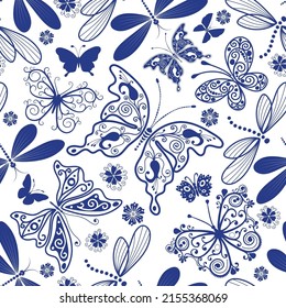 Seamless monochrome pattern with butterflies, dragonflies and flowers on a transparent background. Vector eps 10