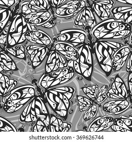 seamless monochrome pattern butterfly in vintage Art Nouveau. Vector