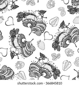Seamless monochrome pattern with cakes with cherries and strawberries 