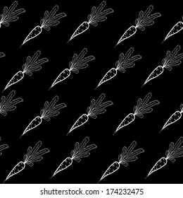 Seamless monochrome pattern with carrots on a black background background.  Abstract Hand-drawn Pattern. Black and white Pattern for decoration or background.