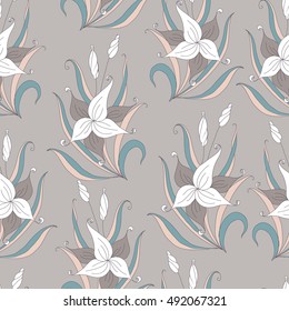 Seamless monochrome pattern with cartoon hand painted lilies on a white background