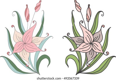 Seamless monochrome pattern with cartoon hand painted lilies on a white background