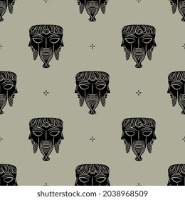 Seamless monochrome pattern with Celtic ethnic ornament. Bearded male head with three faces. Pagan god of three worlds. Trimurti concept.