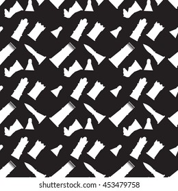Seamless monochrome pattern with chess figures. Game strategy and silhouette chessmen. Vector illustration