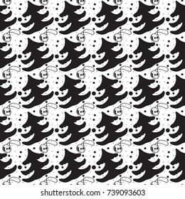 Seamless monochrome pattern with Christmas ball and Christmas trees.