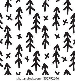 Seamless monochrome pattern with Christmas tree. Vector background. Hand drawn.