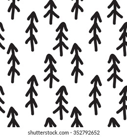 Seamless monochrome pattern with Christmas tree. Vector background. Hand drawn.