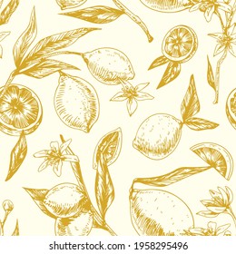 Seamless monochrome pattern with citrus fruits on blooming lemon tree branches with leaves. Endless repeatable background in retro style. Hand-drawn vector illustration for printing and decoration