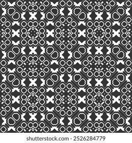 Seamless monochrome pattern with complex white stencil ornament on black background. Vector illustration