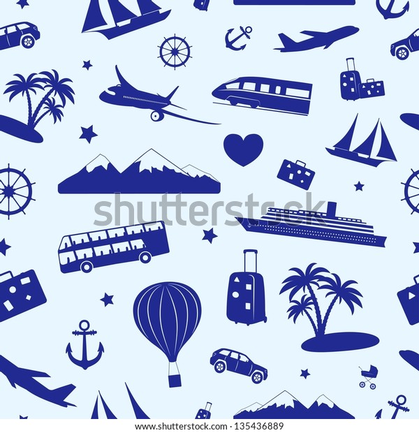 Seamless monochrome pattern composed of travel\
and tourism symbols.
