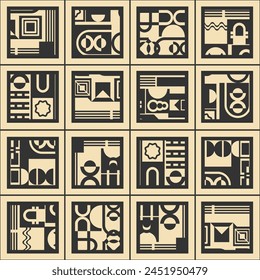 Patrón monocromo inconsútil que consiste en paneles con fragmentos de una composición geométrica en el estilo Bauhaus. Ilustración vectorial
