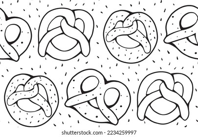 Seamless monochrome pattern with contour pretzels and croissants on white background. Backdrop with outline  buns. Vector texture with German and French bakery treats for wallpapers, wrapping paper