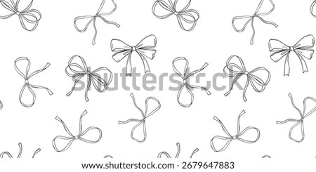Seamless monochrome pattern with coquette bow, outline drawings set, vector illustration isolated on white