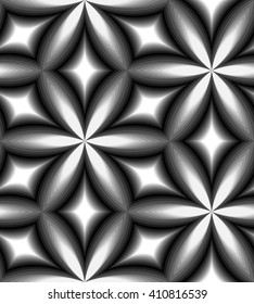Seamless Monochrome  Pattern Of Curved Diamonds. Geometric Abstract Background. Visual Volume Effect.  Suitable for textile, fabric, packaging and web design. Vector Illustration.