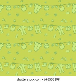 Patrón monocromo sin brillo con ropa de bebé linda sobre fondo verde. La buena elección para accesorios infantiles, tejidos y otros. Ilustración del vector