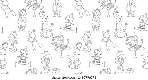 Seamless monochrome pattern with cute circus animals. Childish hand drawn line background.