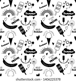 Seamless, monochrome pattern with cute drawings and slogans. Summer set of ice cream, rainbow, hearts, banana and summer slogans. Banner, poster, wrapping paper, print. Vector illustration.