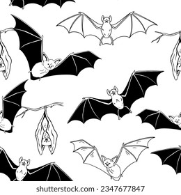 Seamless monochrome pattern with cute flying and hanging bat for halloween.