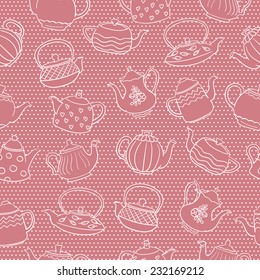 Seamless monochrome pattern with cute freehand teapots on pink polka dot background