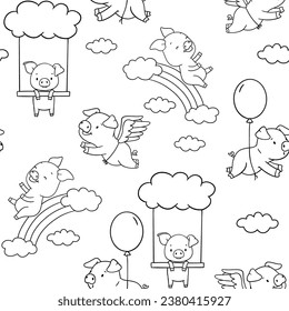 Seamless monochrome pattern with cute outline piglet character with wings and balloon. Hand drawn illustration isolated on white background. Funny Farm animal