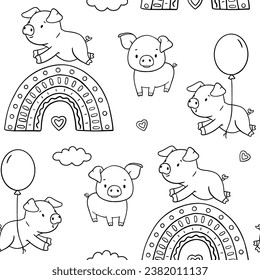 Seamless monochrome pattern with cute outline piglet character with rainbow and balloon. Hand drawn illustration isolated on white background. Funny Farm animal