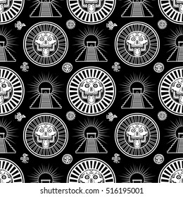 Seamless monochrome pattern from decorative elements based on motives of art Native American Indian. Stylized skull. Pagan god of death. Mexican pyramid. Vector illustration.